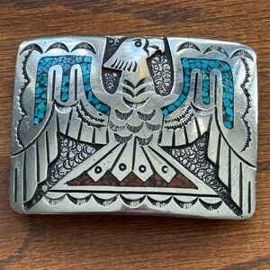 J. Nezzie Navajo Native American Belt Buckle. Sterling Silver.  Unisex